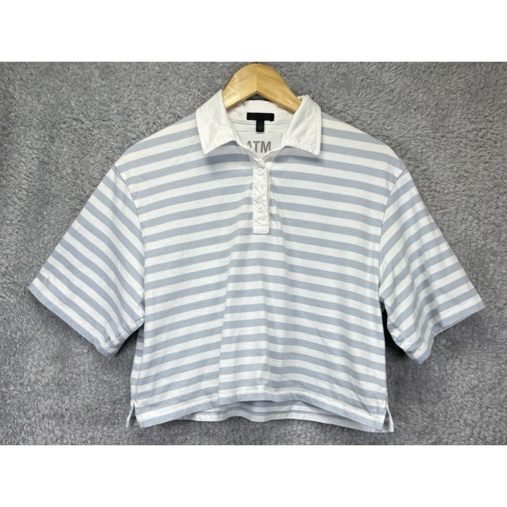 ATM Anthony Thomas Melillo Women's Small Blue White Striped Cropped Polo Shirt